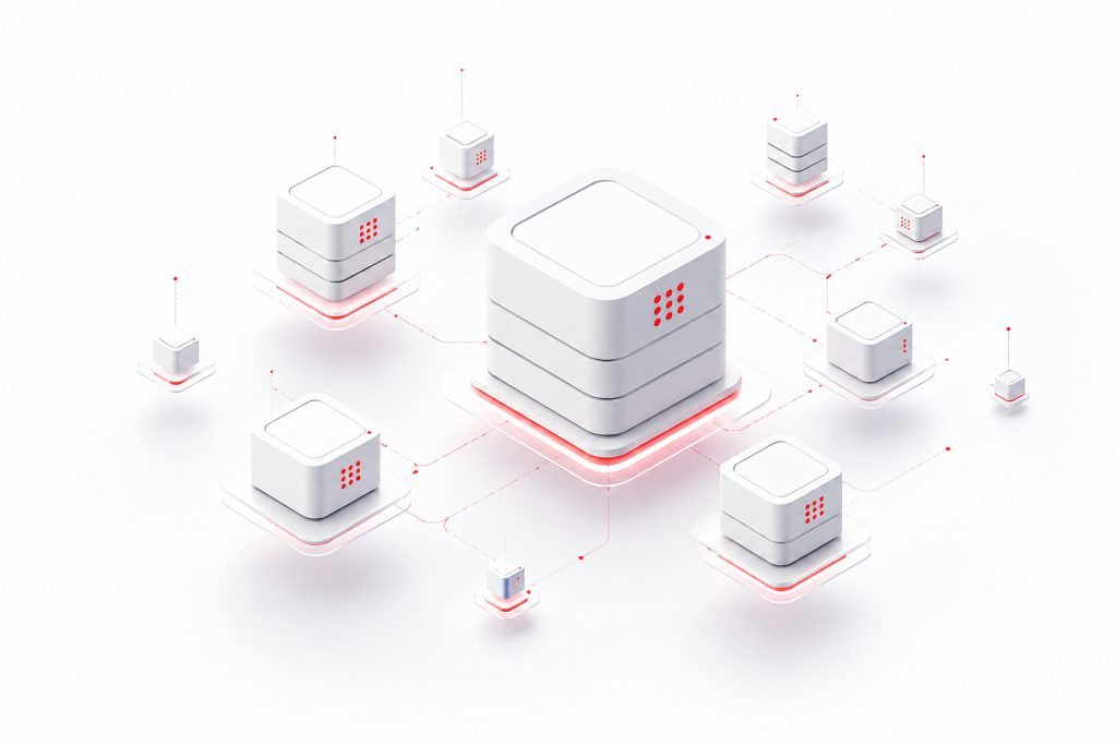 Isometric GPU workstation network with a central hub and connected nodes