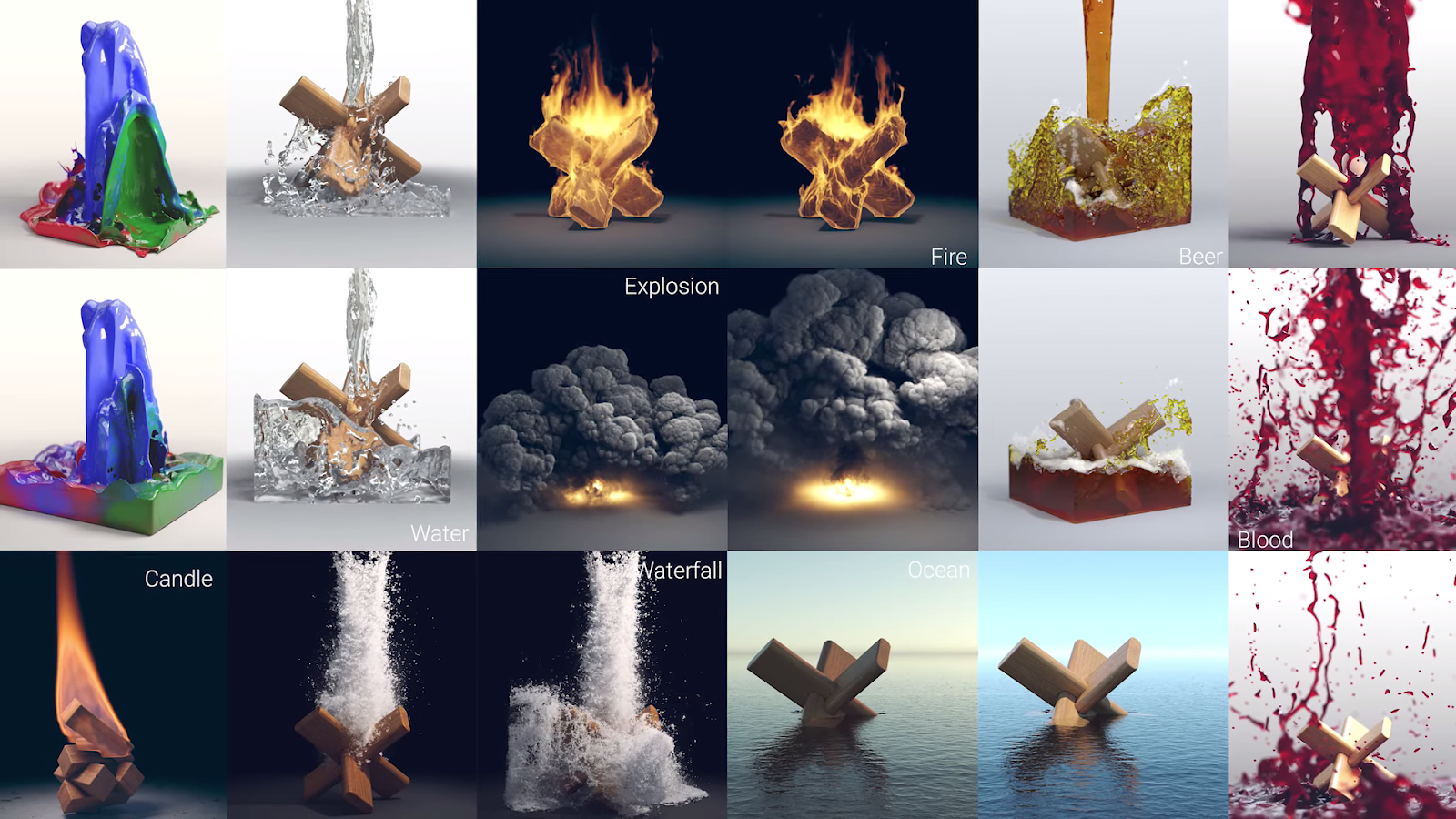 A variety of Phoenix FD 3.0 for Maya quick presets