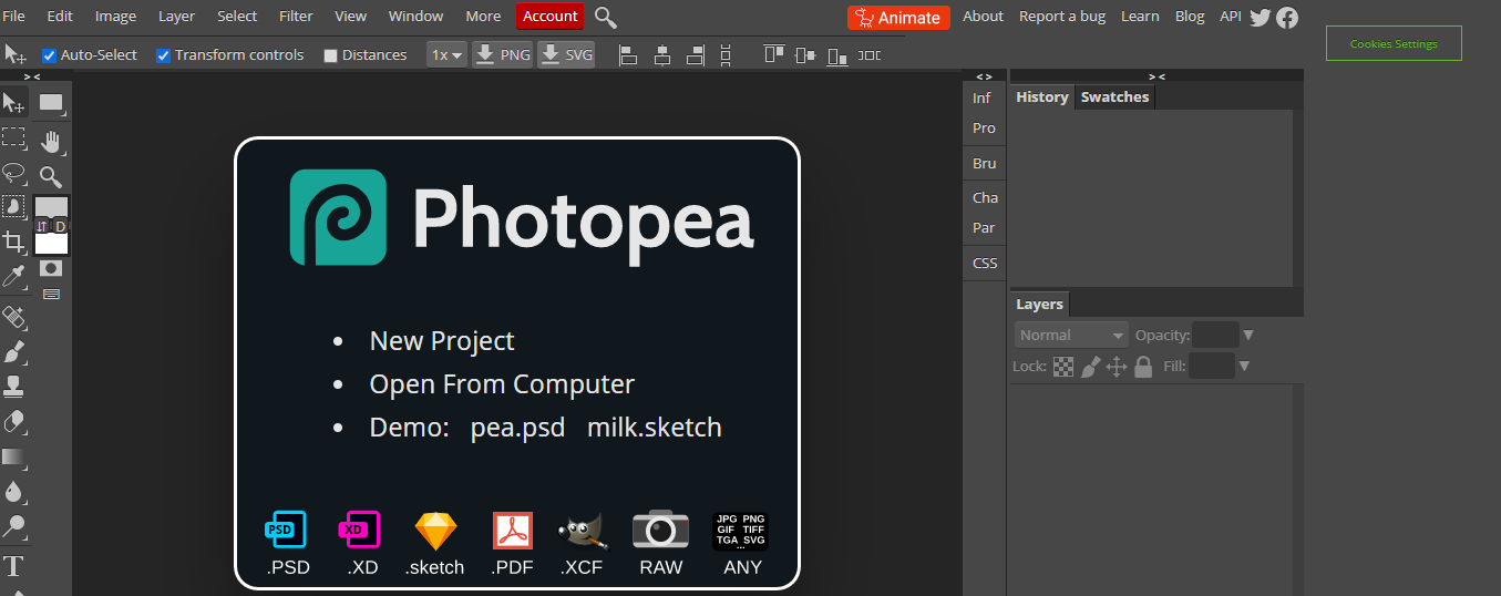 Photopea software dashboard