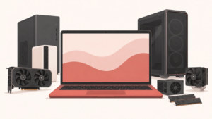 A laptop with hardware behind it