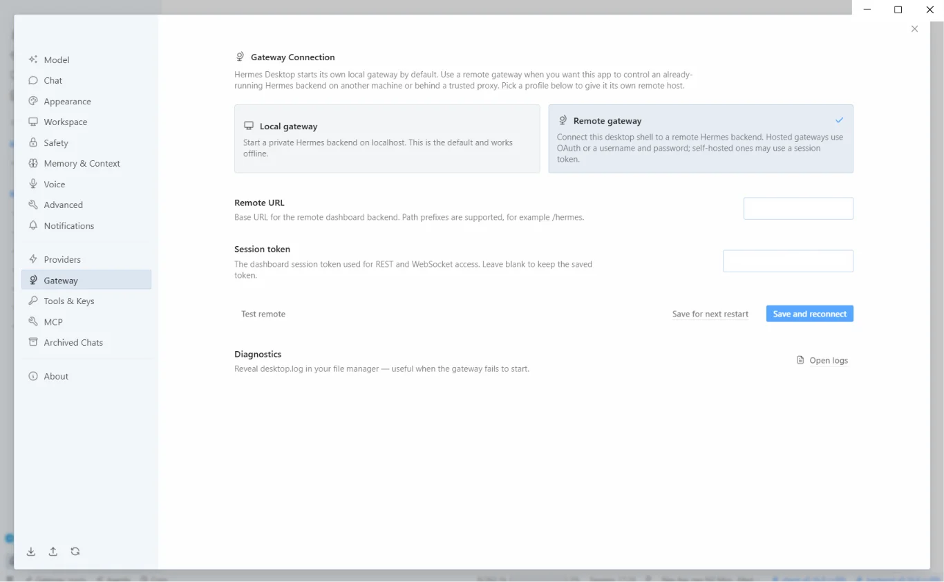 Set up remote gateway in Hermes Desktop app