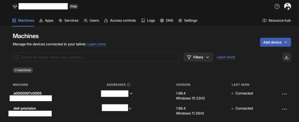 Tailscale admin dashboard