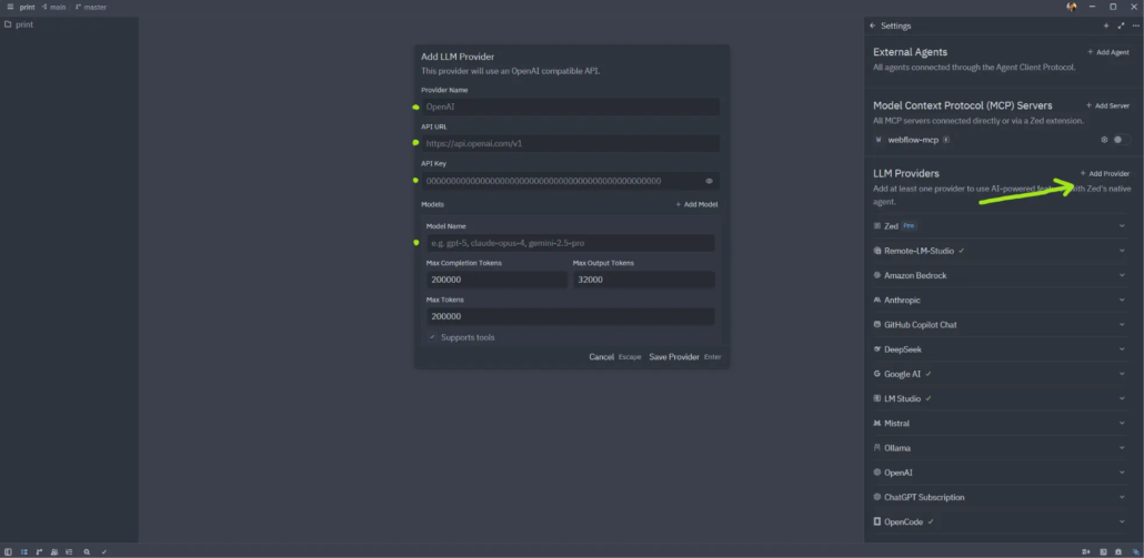 Add a custom LLM model provider in Zed